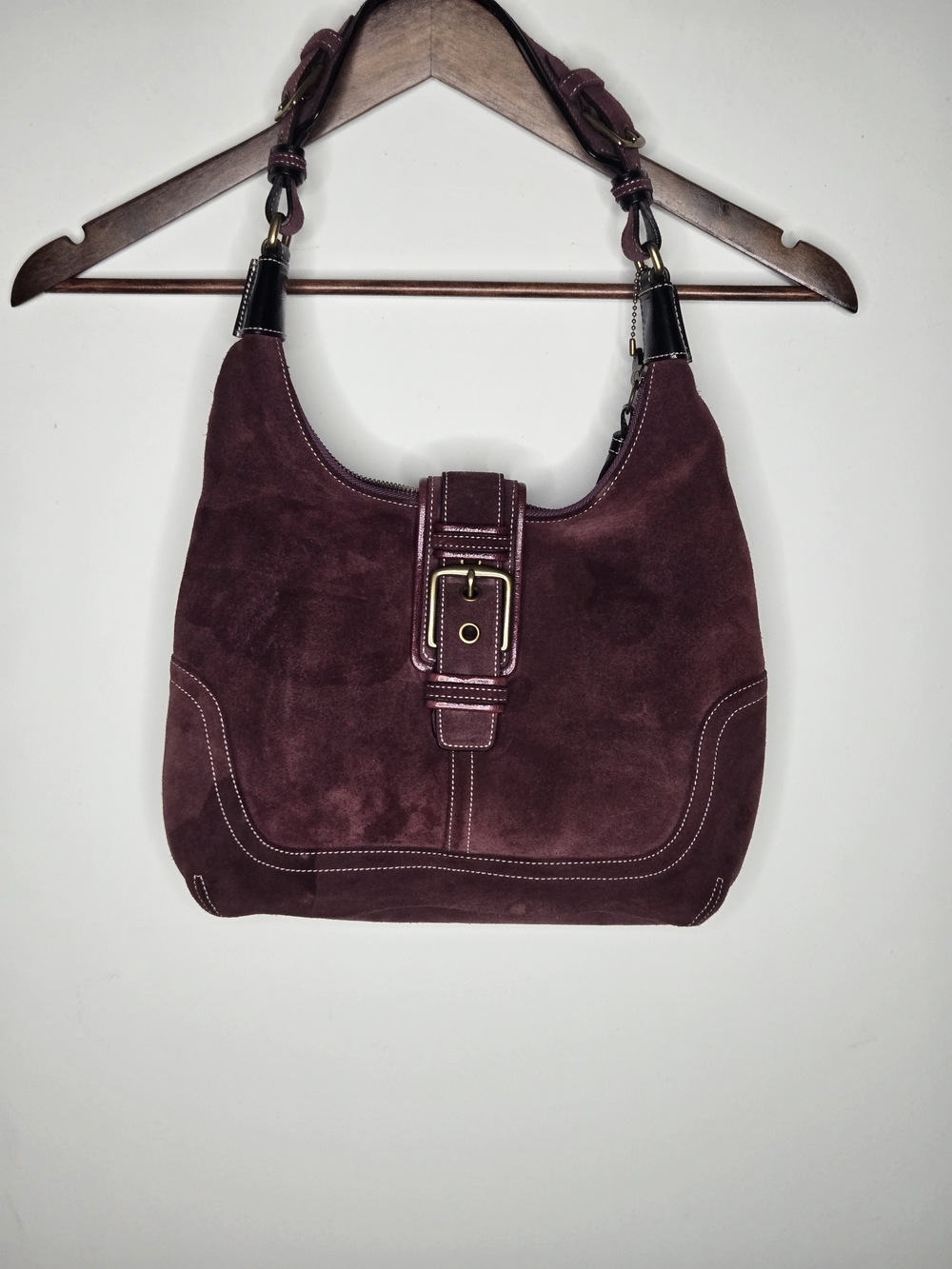 Coach Hamptons Suede Buckle Hobo Shoulder Bag Burgundy